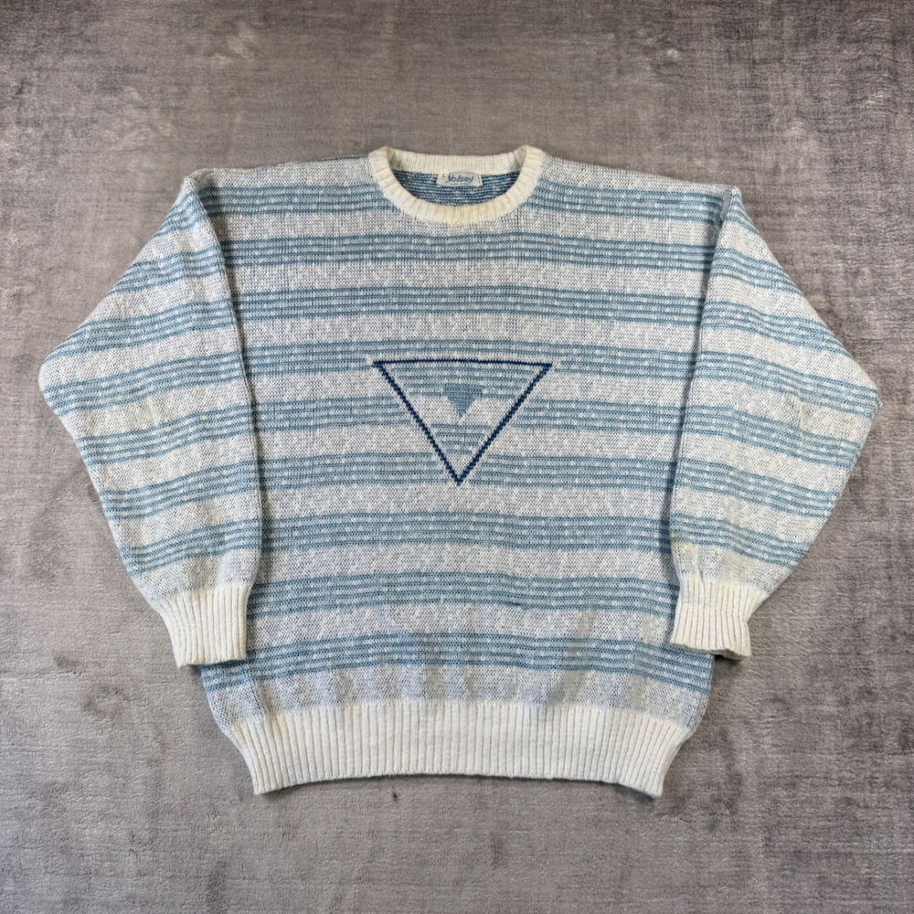 Vintage Wolsey Sweater Mens Large Blue Striped Knit Italy Crewneck Geometric